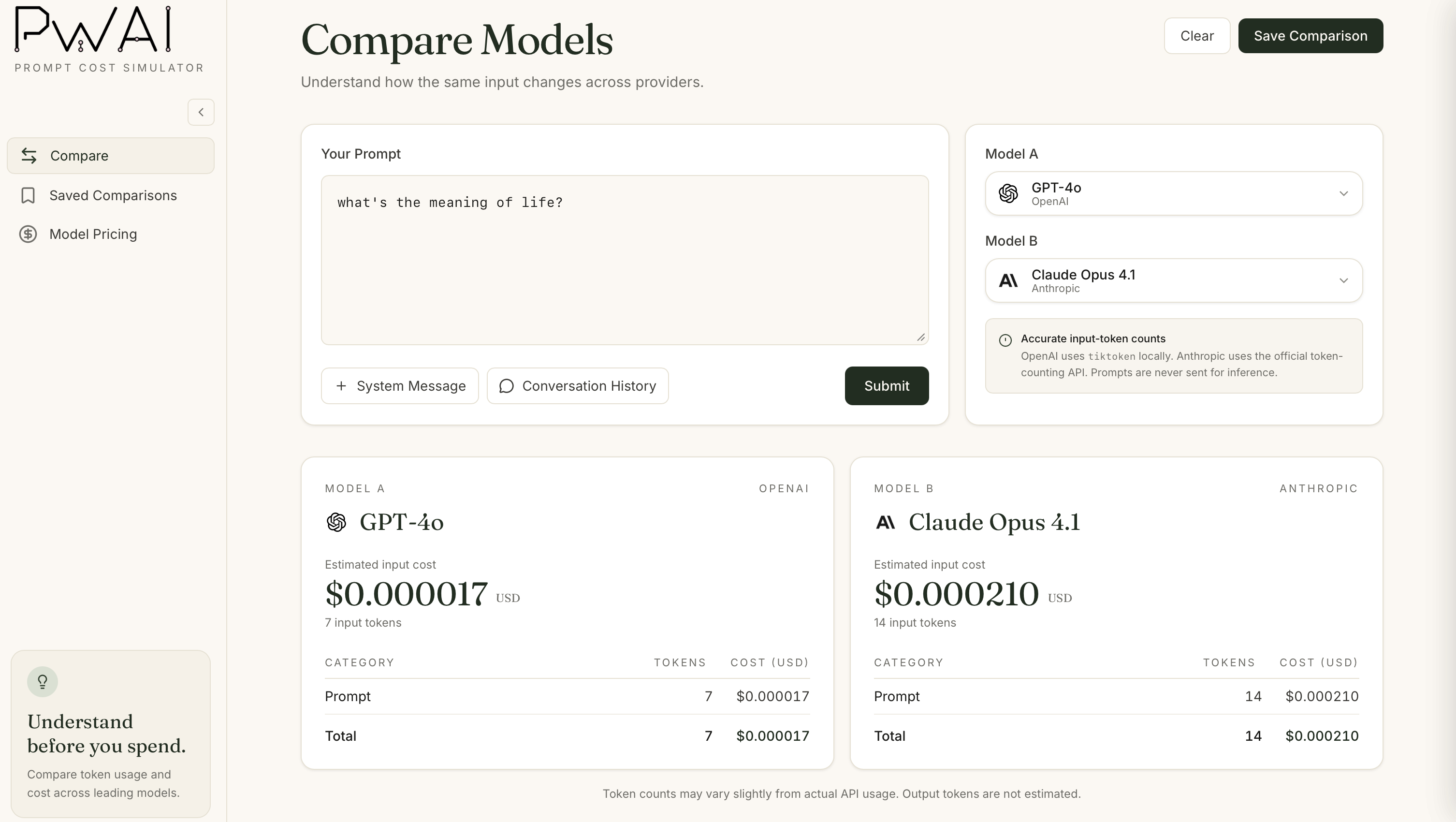 The Compare Models page showing a side-by-side token count and estimated input cost for GPT-4o and Claude Opus 4.1